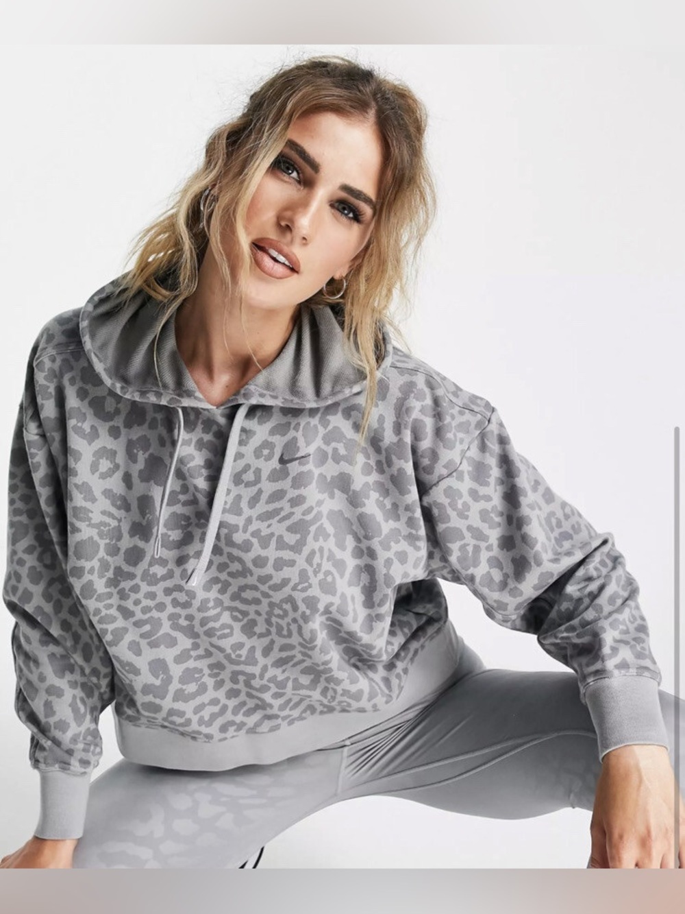 Nike Dri-FIT Get Fit Pullover Hoodie in Leopard Animal Print in Gray | Small